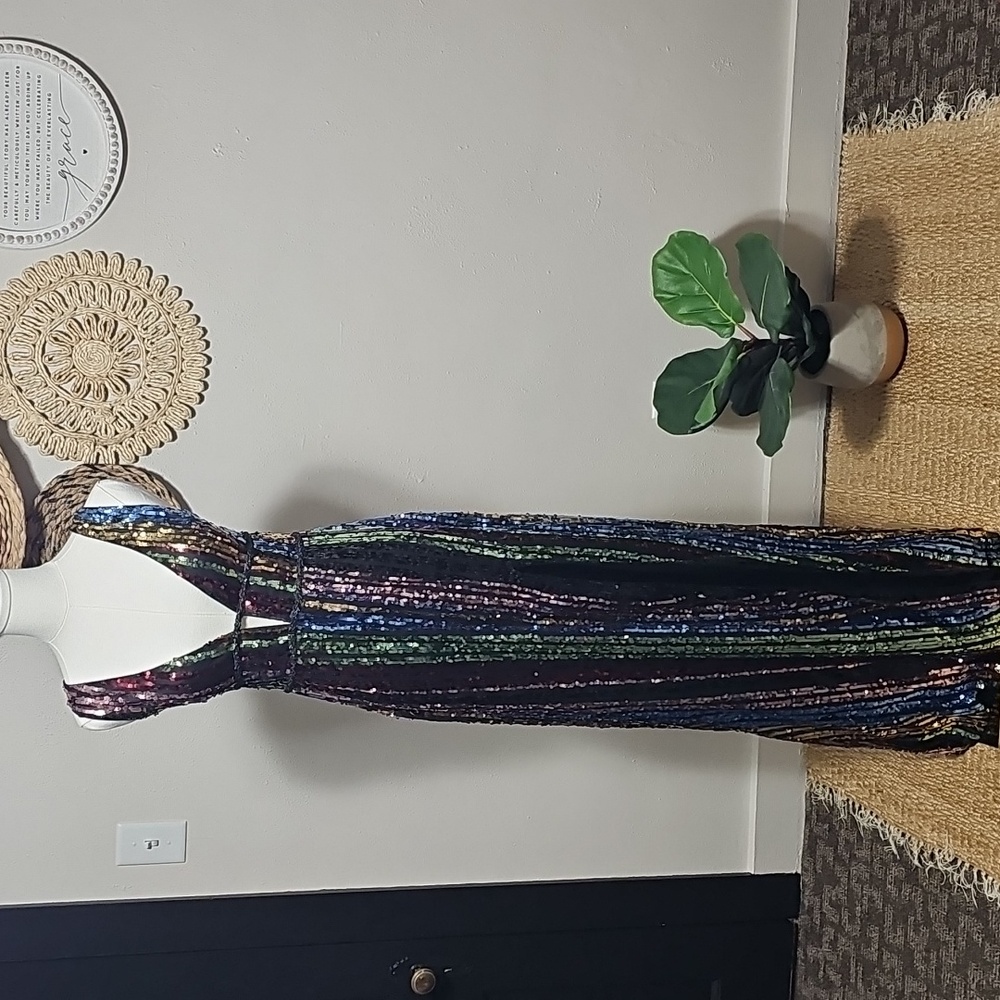 Lulu's Rainbow Sequins on Black Column Pageant Prom Dress Womens 10 NWT Holiday